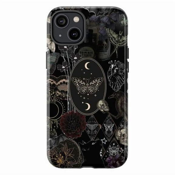Mystic Butterfly & Skull iPhone Case, Dark Witchy Gothic Aesthetic Protective Cover, Occult Moon Magic Collage Halloween Phone Case for iPhone 16 15 14 13 12 11 Pro Max Plus Mini