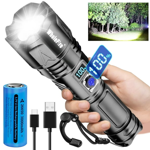 WholeFire 30W LED Rechargeable Flashlight Super Bright 5 Modes Digital Display Flashlights for Emergencies Camping