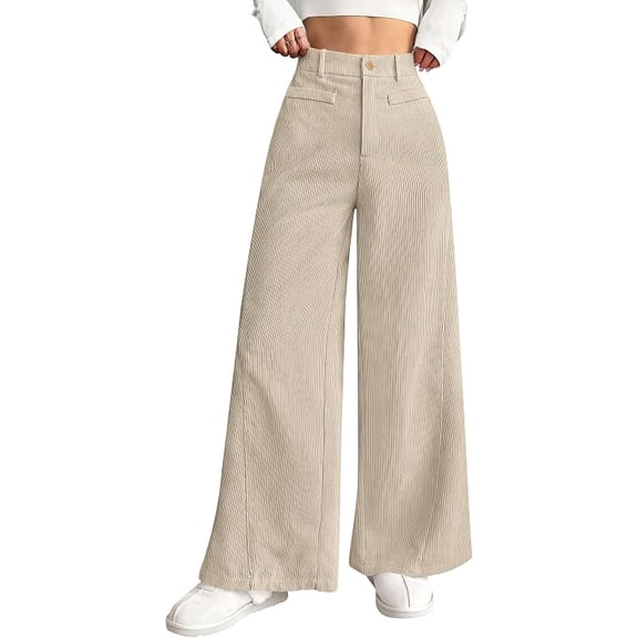PRETTYGARDEN Women's High Waisted Corduroy Pants Casual Textured Ribbed,Button Zip Closure,Front Pockets,Wide Leg Trousers,Y5k Vintage Palazzo Slacks,Everyday Wear for Work Travel