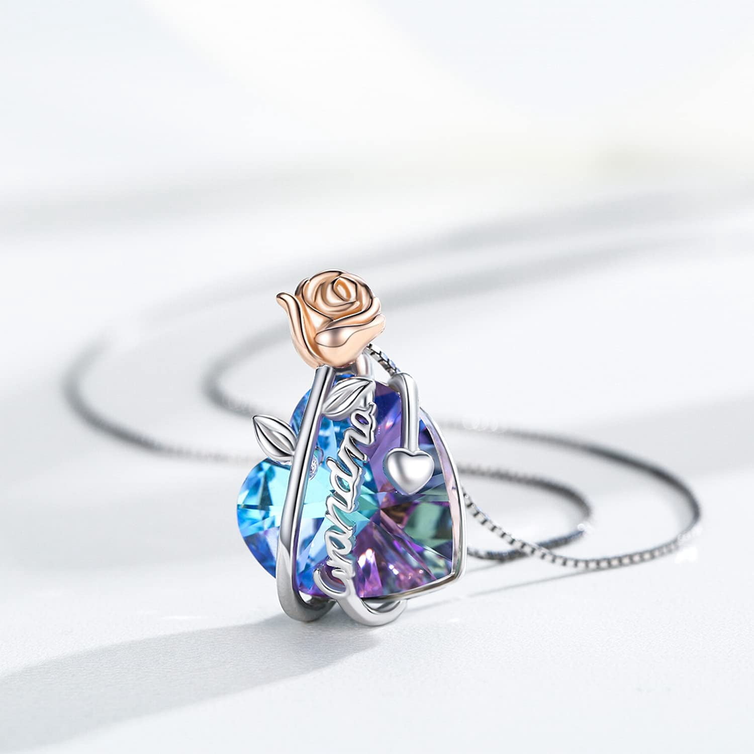 Coachuhhar Grandma Gifts 925 Sterling Silver Rose Flower Love Heart Crystal Pendant Necklace Grandma Jewelry Birthday Graduation Gifts for Women Grandma Nana