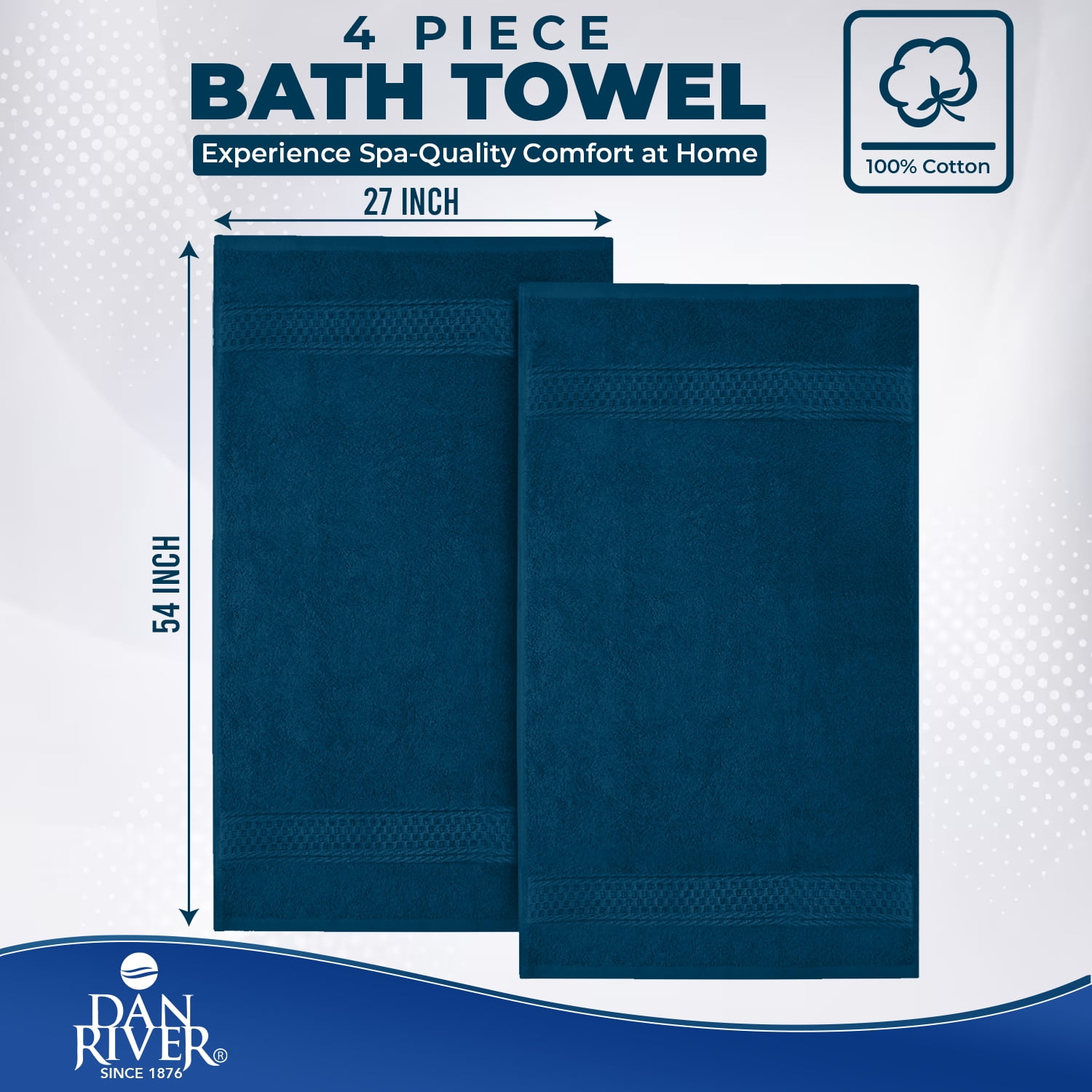 Dan River Bath Towel 4 Pack 27x54 in Ultra Soft Quick Drying Cotton Towel - Blue