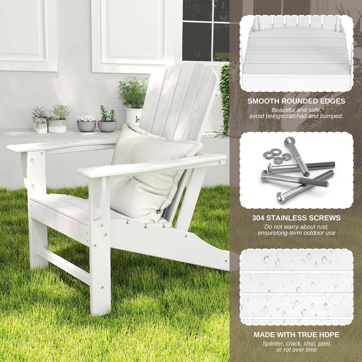 FURRYFECTION Adirondack Chairs Set of 2,HDPE All-Weather Adirondack Chair, Plastic Outdoor Patio Lawn Chairs for Patio Garden Backyard Deck,White