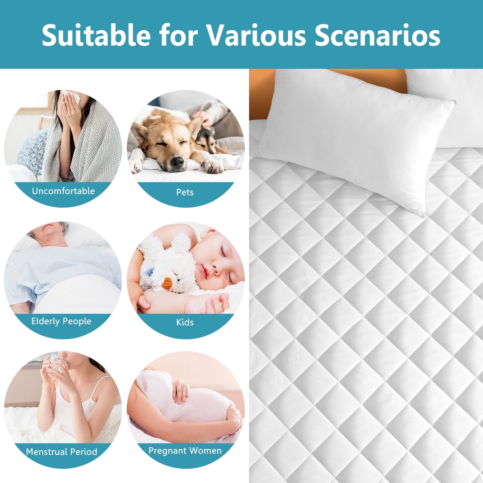JPHOME Queen Size Quilted Fitted Mattress Pad Cover, 100% Waterproof Mattress Protector, Deep Pocket Fitted 8" - 21", Breathable & Noiseless, Soft and Comfortable (60" x 80", White)