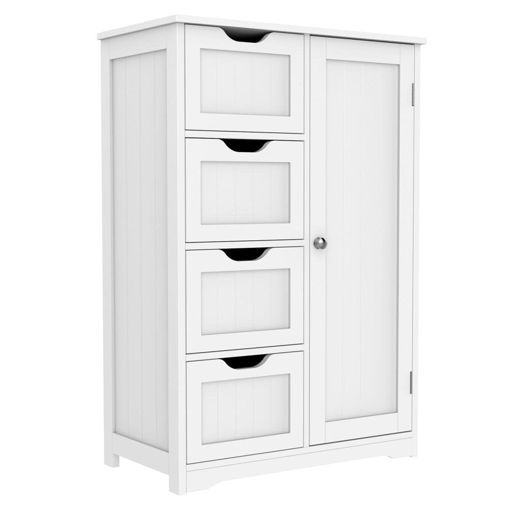 Giantex Bathroom Floor Cabinet Wooden 1 Door & 4 Drawer Free Standing Wooden Entryway Cupboard Spacesaver Cabinet White HW54899