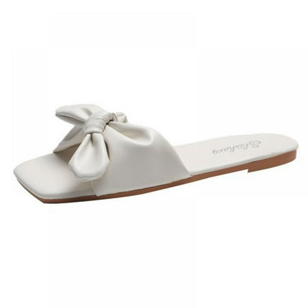 

Women Summer Bow Tie Beach Slippers PU Leather Ladies Elegant Slide Shoes Flat