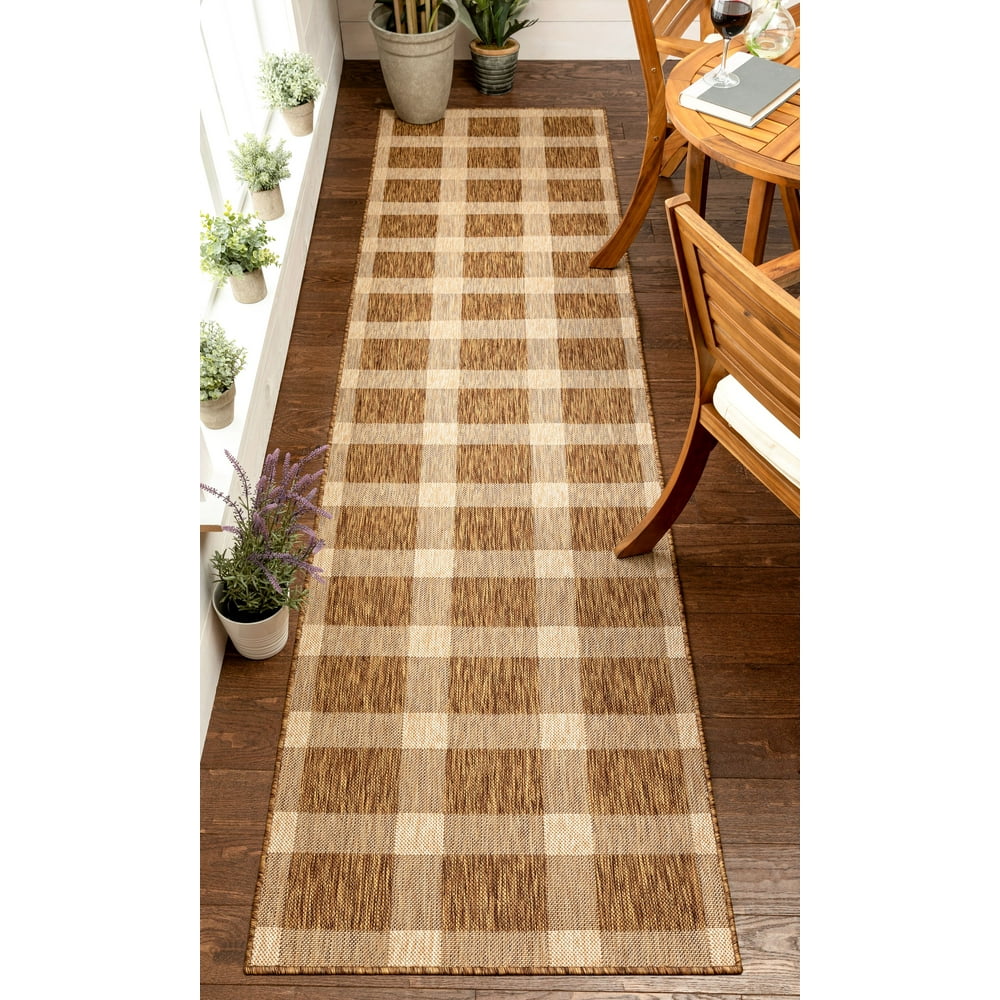 Well Woven Medusa Freya Brown Checkered Plaid Indoor/Outdoor 2'7" x 9