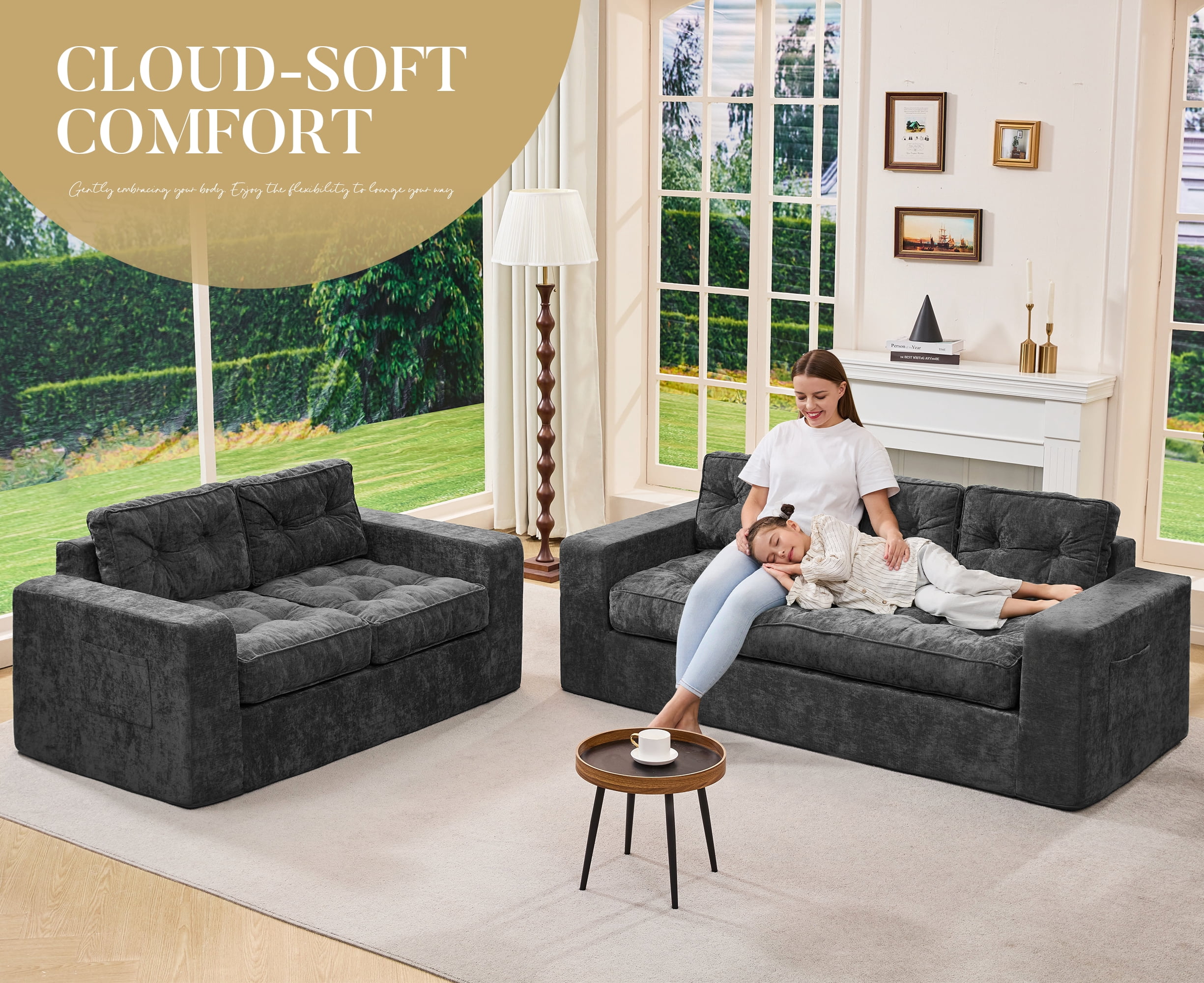 Hobestluk 3-Seater Sofa Boneless Couch with Tufted Button Design 2 in 1 Comfy Cloud Couch Oversized Sofa for Living Room Bedroom Apartment or Office (Grey, 3 Seater)