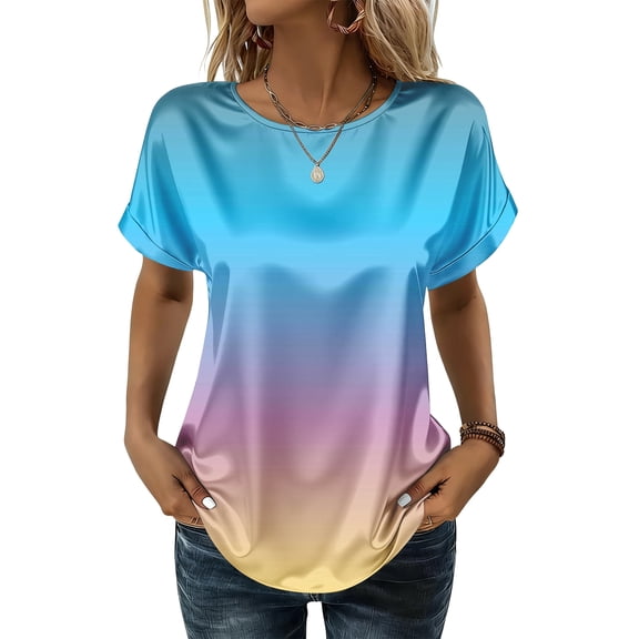 laqbezok Women's Ombre Blue Satin Blouse, Crew Neck Dolman Sleeve Silk-Like Top, Casual Summer Fashion T-Shirt, Elegant Evening Tee