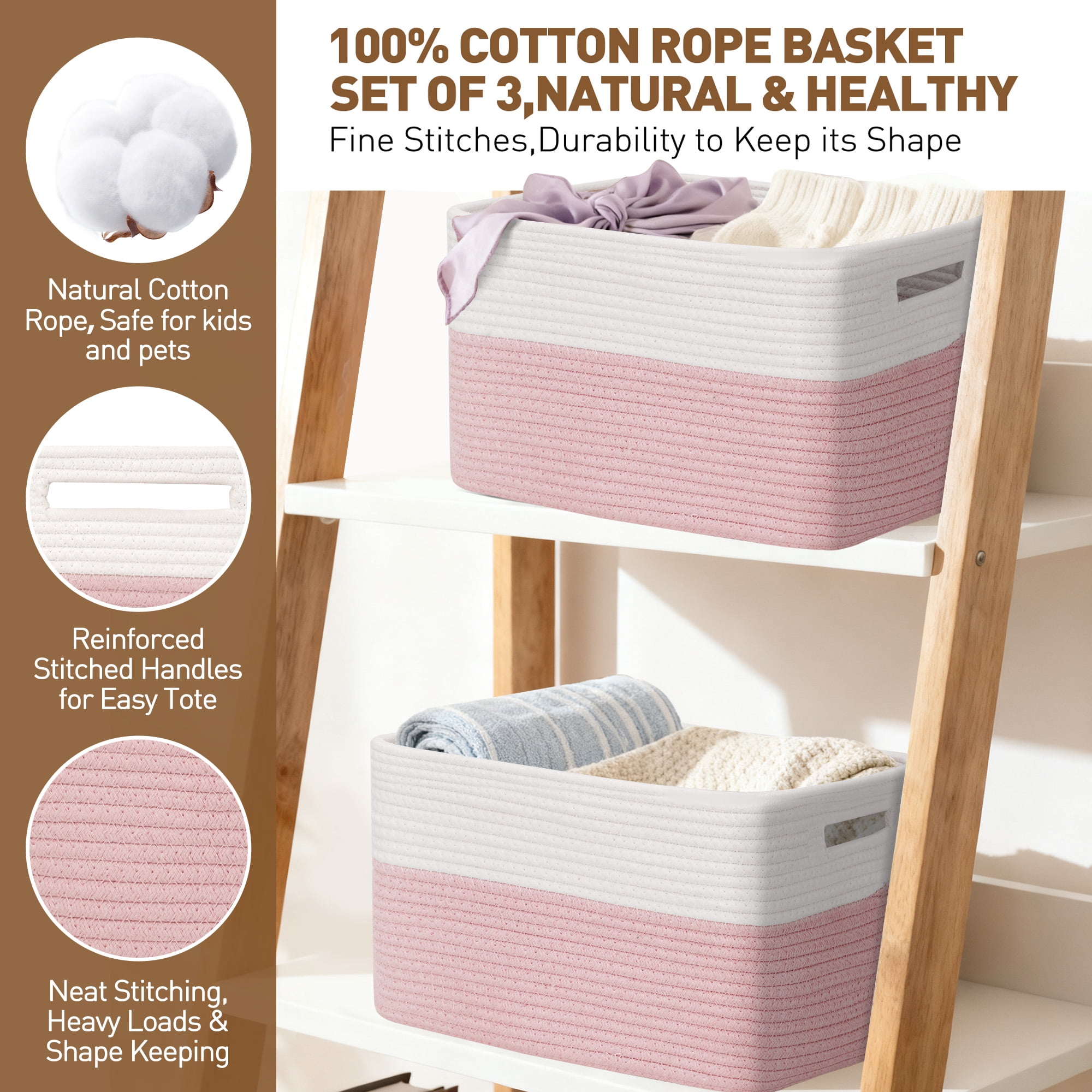 3 Pack Storage Basket, 11"x11"x9" (18L) Rectangle Woven Baskets for Storage, Cotton Rope Basket for toys, Towel Baskets, Closet Organizer Bins Shelves Organizer, Decorative Basket (Pink& White)