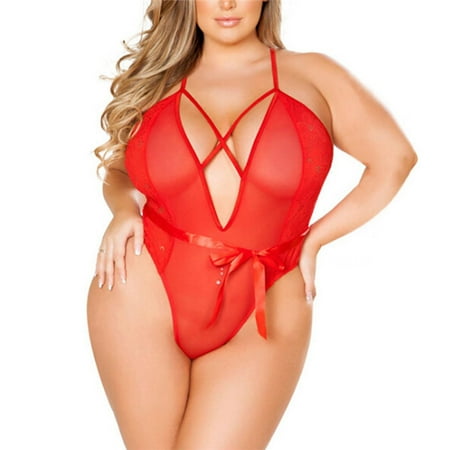 

Womens Sexy Teddy Lingerie Lace Bodysuit Sexy Lingerie Bodysuit for Women - One Piece Lace Teddy Halter Mini Babydoll Bodysuit Red