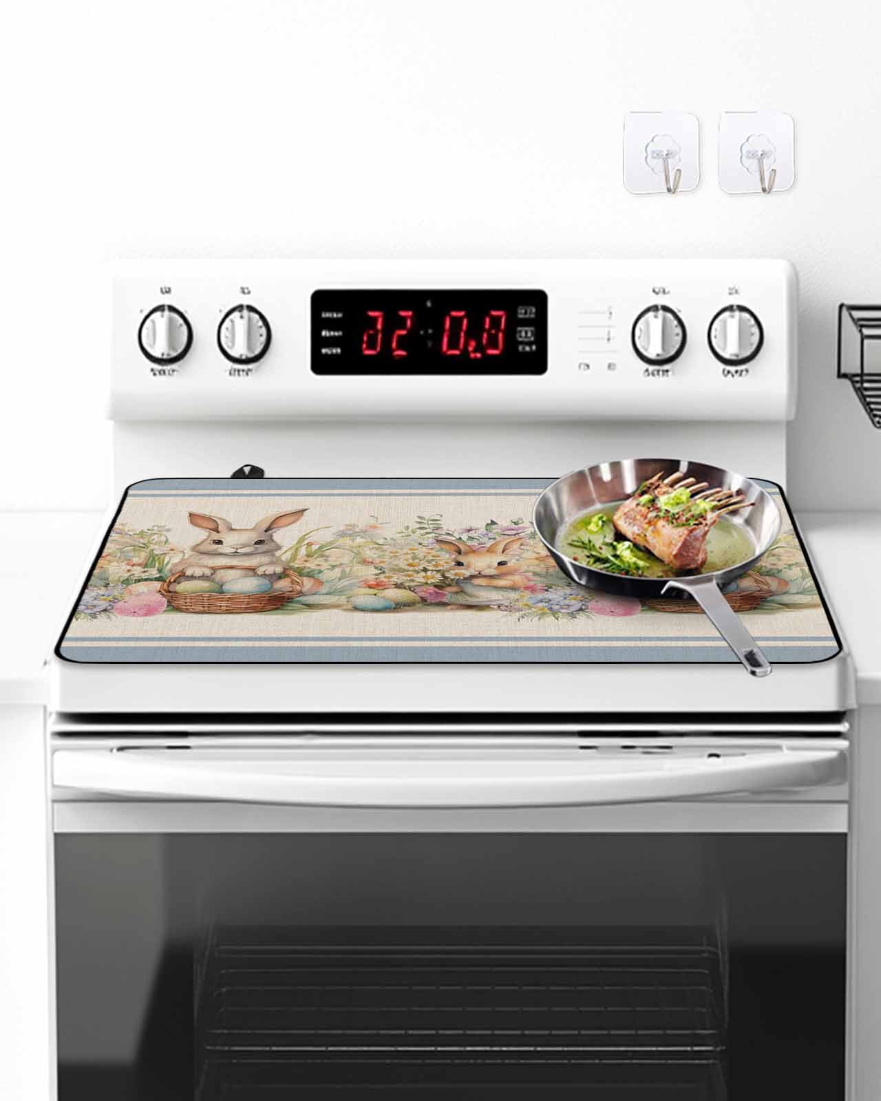 Stove Top Covers for Electric Stove, Easter Bunny Blue, Glass Stovetop Cover Protector, Rustic Daisy Flower Easter Basket Egg Induction Cooktop Protector Oven Mat for Kitchen Countertop 24"x21"