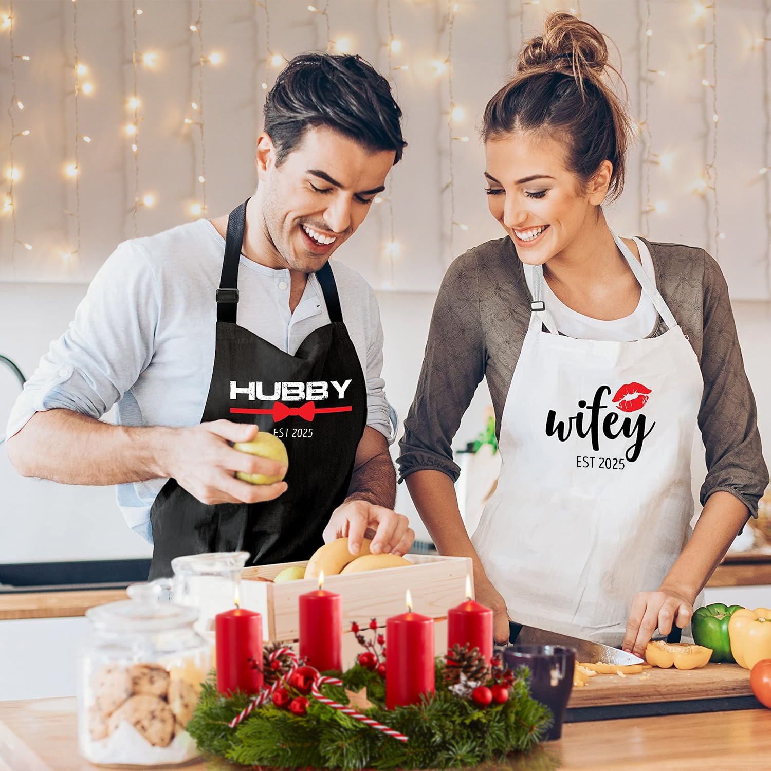 Prazoli Products Mr Mrs Apron Set - Engagement Gifts, Wedding & Bridal Shower Gifts for Couple (Hubby & Wifey Est: 2025, Standard)