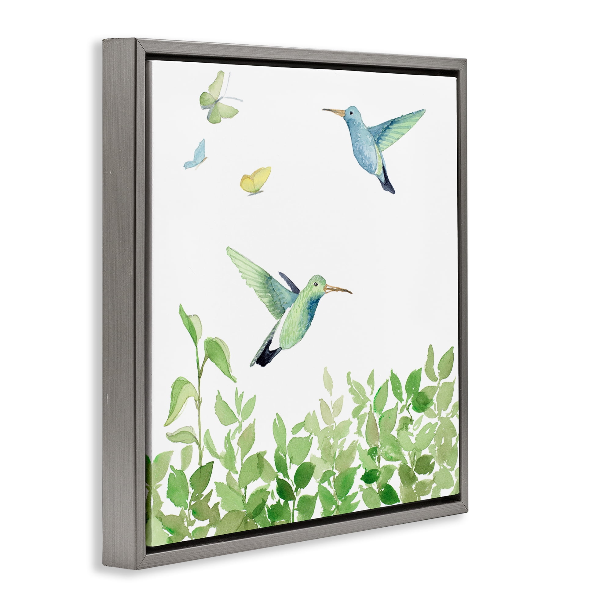 Stupell Industries Spring Hummingbirds Scene Animals & Insects Painting Gray Floater Framed Canvas Art Print Wall Art, 25 x 25