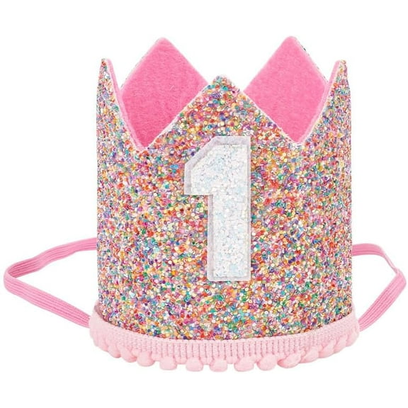 1 Pc 1st Birthday Crown Headband Birthday Rainbow Hat Cloth Glitter Birthday Crown Headband Birthday Photo Props Crown Birthday Decoration for Party Accessories Hot Pink