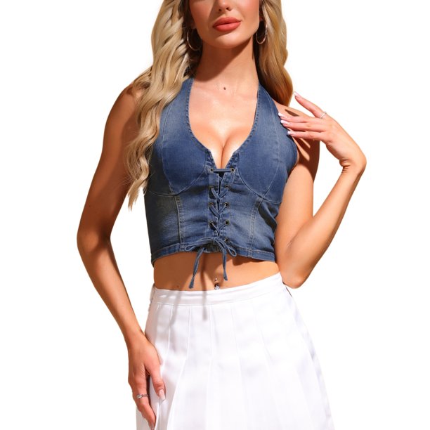 INSPIRAR CHIC Top de corsé de mezclilla para mujer sin mangas con cuello halter y cordones, chaleco de jeans L azul