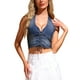 thumbnail image 1 of INSPIRAR CHIC Top de corsé de mezclilla para mujer sin mangas con cuello halter y cordones, chaleco de jeans L azul, 1 of 1