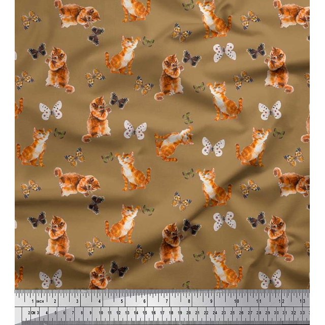 Soimoi Brown Crepe Silk Fabric Insect & Cat Animal Print Fabric by The Yard 42 Inch Wide