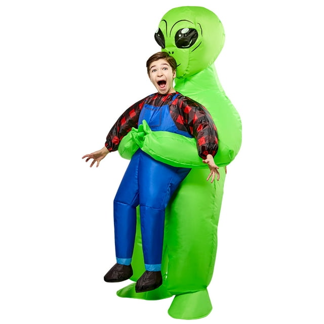 Inflatable costume showing a green alien holding and abducting a child dressed in blue overalls and red plaid shirt.