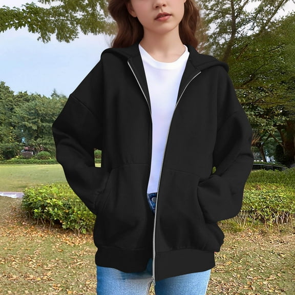 Teen Girls Cute Hoodies Cats Ear Hood Full Zip Sweatshirts Kids Long Sleeve Oversized Lightweight Jackets Tween Plain Drop Shoulder Hoodie with Pockets Preppy Fall Winter Outfits, Size 5-15