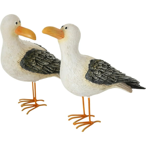 2 Piece Sea Gulls, Bird Figurine Set, White, Gray, and Orange, Handcrafted, Painted, Cast Poly Resin,  Iron Legs, 7.0 L x 2.75 W x 6.0 H Inches