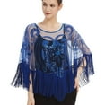 thumbnail image 4 of XFLWAM Women's Shawl Wraps Sequin Lace Sheer Mesh Tassel Beaded Evening Cape Bridal Shawl for Evening Dresses Wedding Party Blue One Size, 4 of 5