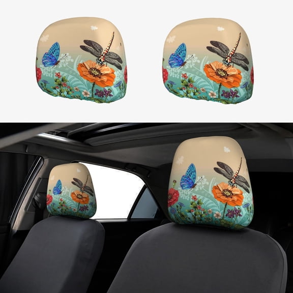 Kdxio Colorful Plants And Insects Pattern Print 2 Piece Car Head Rest Covers Set Auto Front/Rear Seats Headrest Cover Universal Fit Most Cars,Sedan, SUV