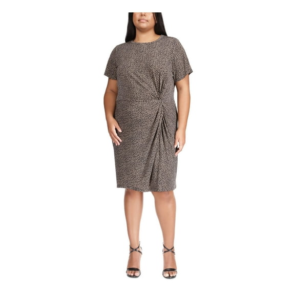 MICHAEL MICHAEL KORS Womens Beige Unlined Front-side Twist-detail Pullover Short Sleeve Crew Neck Above The Knee Wear To Work Shift Dress Plus 1X