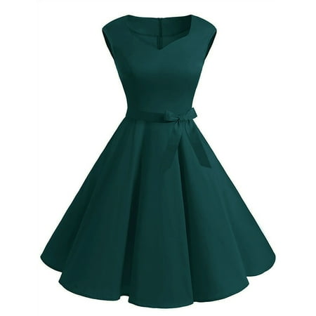 

Fashion Womens Sleeveless Vintage Dress Solid Bow V-Neck Retro Ball Gown Dress