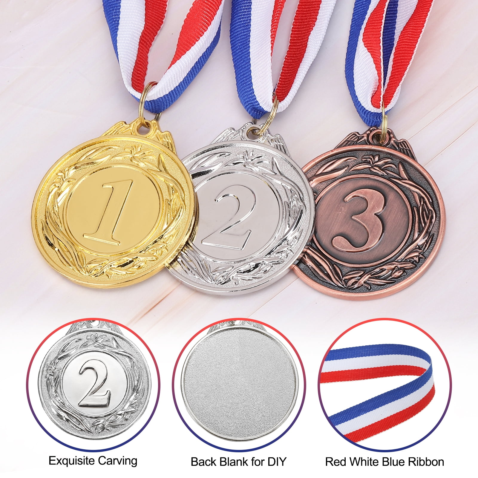 Uxcell Award Metal, Winner Award Medals Prize with Neck Ribbons Red White Blue Silver