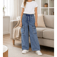 thumbnail image 3 of KIDSCOOL SPACE 6-Pocket Girls Wide-leg Denim Pants, 5-14T Ribbed Waist with D-ring Loops & String Cargo Jeans,Light Blue,6-7 Years, 3 of 7