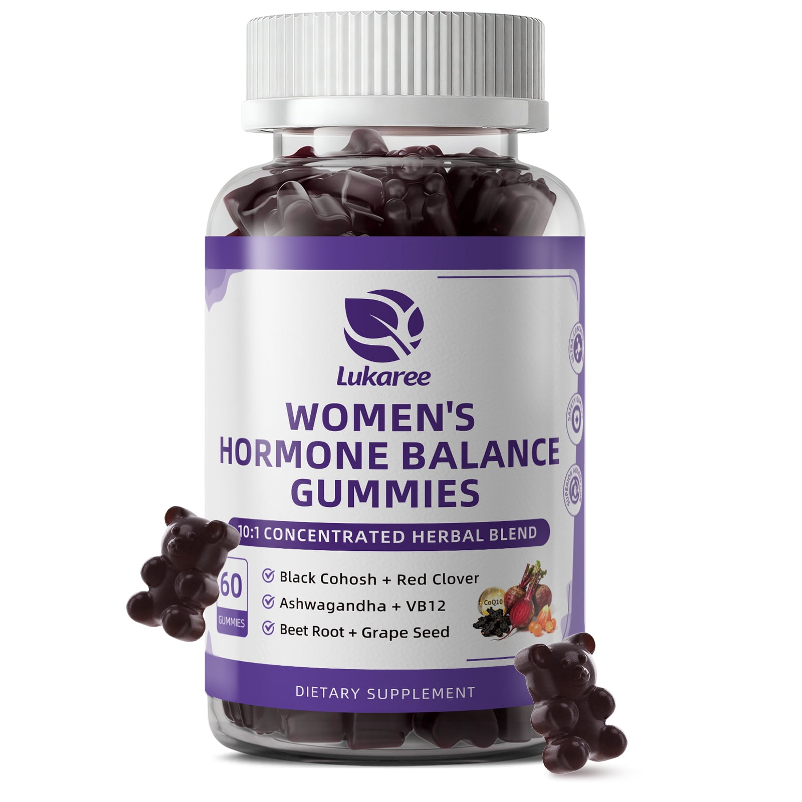 Women's Hormone Balance Gummies - with Black Cohosh & Red Clover, Beet Root, Ashwagandha - Support Menopause Comfort, Stress & Energy Support - Vegan, Sugar-Free Strawberry Flavor, 60 Count