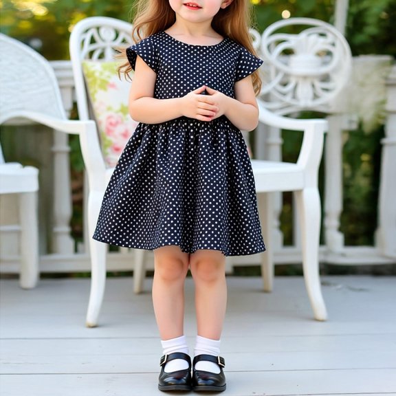 hengsof Girls' Polka Dot Print Short Sleeve Dress, Spring Summer Bow Detail Round Neck Party Dress, Cute Outfit for Celebrations, 3 to 8 Years