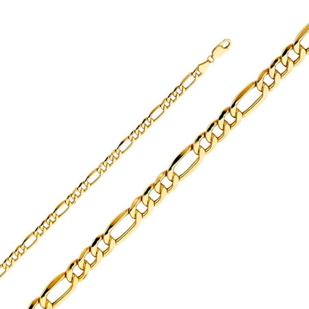 14k Yellow Solid Italian Gold 5.2mm Figaro Links Plain Polish Unisex Chain Bracelet 7.5 Inches