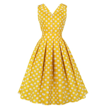 

Juebong Women Fashion Solid Sleeveless Turndown Polka Dot Mid Length Dress