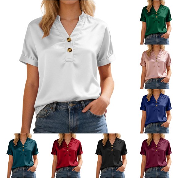 Gunia Silk Shirts For Women Satin Short Sleeve Shirt Elegant Button Down Collar Blouse Soft Comfortable For Casual Wear Tops Women Tshirts White L