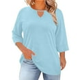 thumbnail image 3 of Rvasteizo Womens Summer 3/4 Sleeve Round Neck Blouses Shirts Solid Color 3/4 Sleeve Round Neck Hollow Out Plus Size Wear Top, 3 of 5
