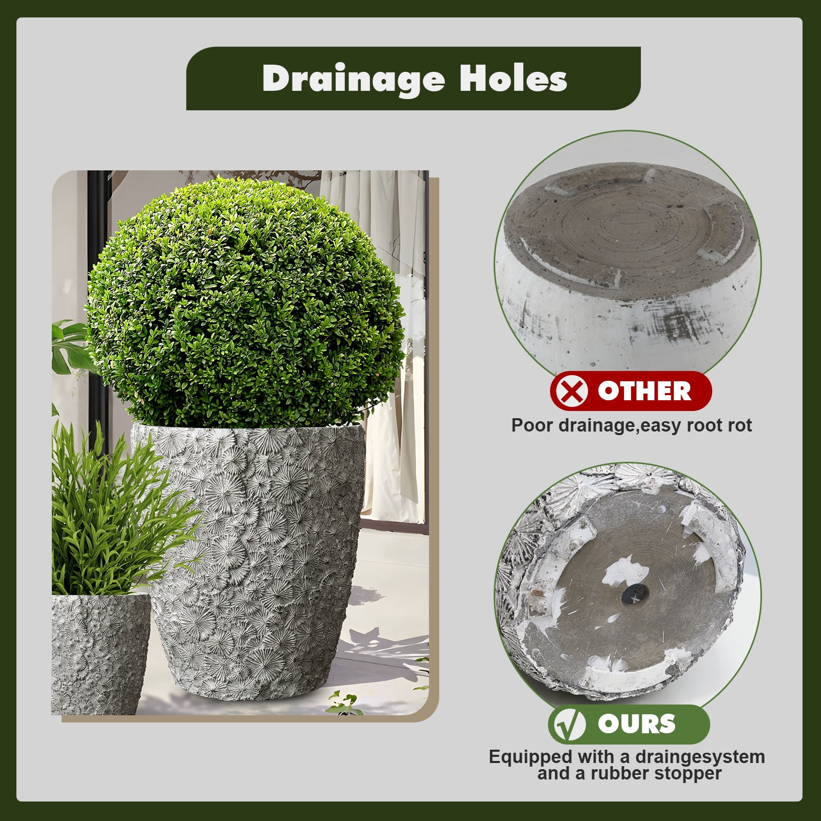 Large Concrete Planters Set of 3, Big Round Outdoor Indoor Garden Pots with Drainage Hole & Rubber Plug, 18/13/9 Inch Diameter ( (SH001)