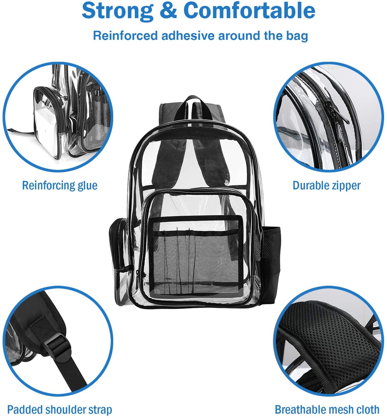ProCase Heavy Duty Clear Backpack, See Through Backpacks Transparent Clear Large Bookbag for School Work Stadium Security Travel Sporting Events - image 2 of 7