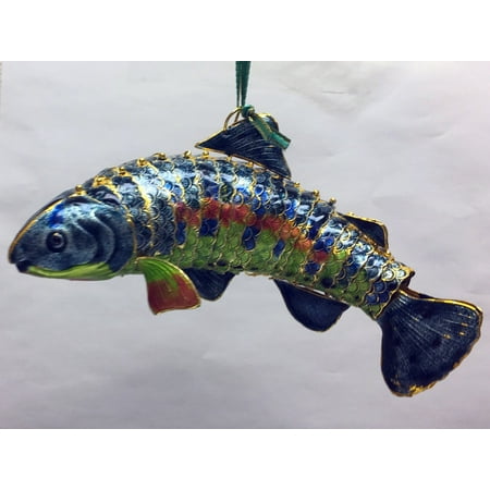- Blue and Green Trout Fish Articulated Cloisonne Metal Christmas Tree Ornament