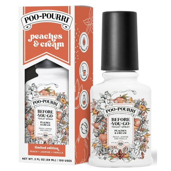 Poo-Pourri Peaches & Cream 2oz Before-You-Go Toilet Spray - Instantly Trap Bathroom Odor - Plant Based Ingredients & Essential Oils - Travel Essentials - with Peach, Jasmine, & Vanilla Scent