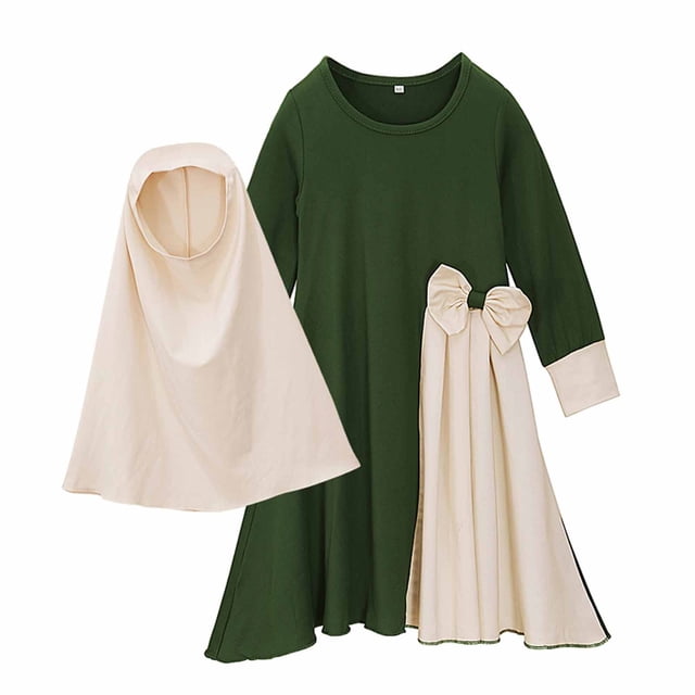Robes d'Été pour Filles Taille 7-8 Robe Longue à Manches Longues Col Rond Cheville Robe Longue Musulmane Robe Longue à Manches Longues Col Rond Patchwork Couleur Longue Robe+bandeau Ensemble Deux Pièces Vert 8-9 Ans