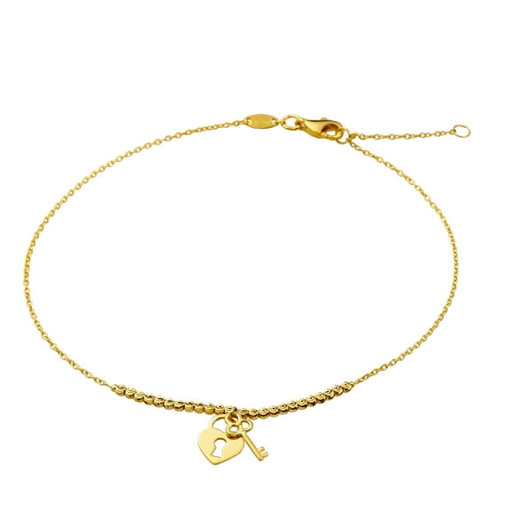LoveBling 10K Yellow Gold .5mm Diamond Cut Beads and Heart & Key Charm Anklet (#71)