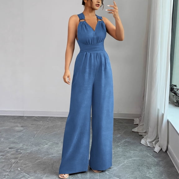 Gamivast Women Jumpsuits Dressy Flattering Sleeveless Halter V Neck Casual Dresses Wide Leg Long Pants Backless Party Dresses Elegant Evening Wear