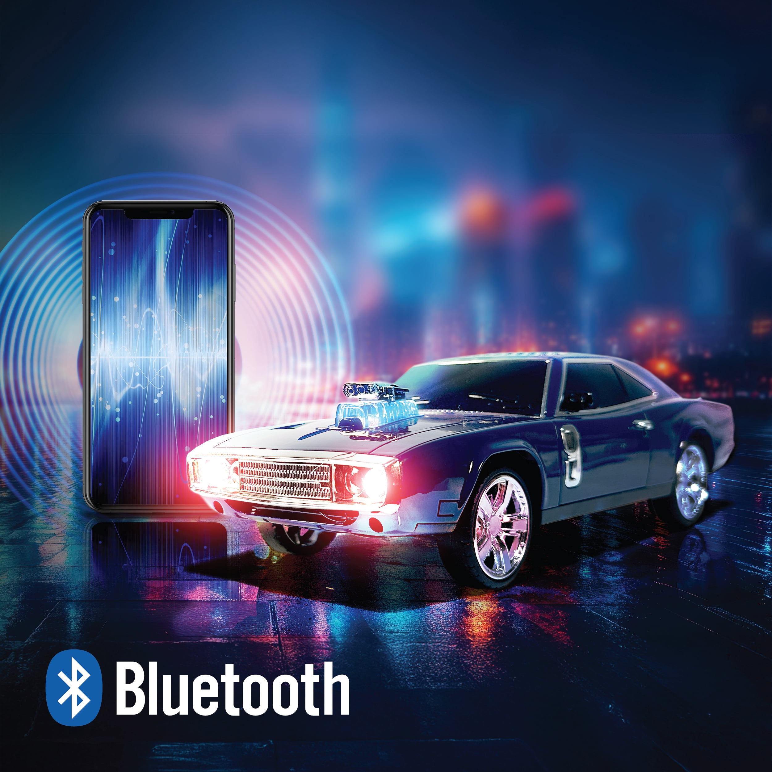 QFX Bluetooth 1968 Retro Muscle Car Replica Speaker, Dual 2-inch Speakers, Hands Free Link, Built-in Microphone, FM Radio and LED Party Lights, Blue - BT-1968-BLU