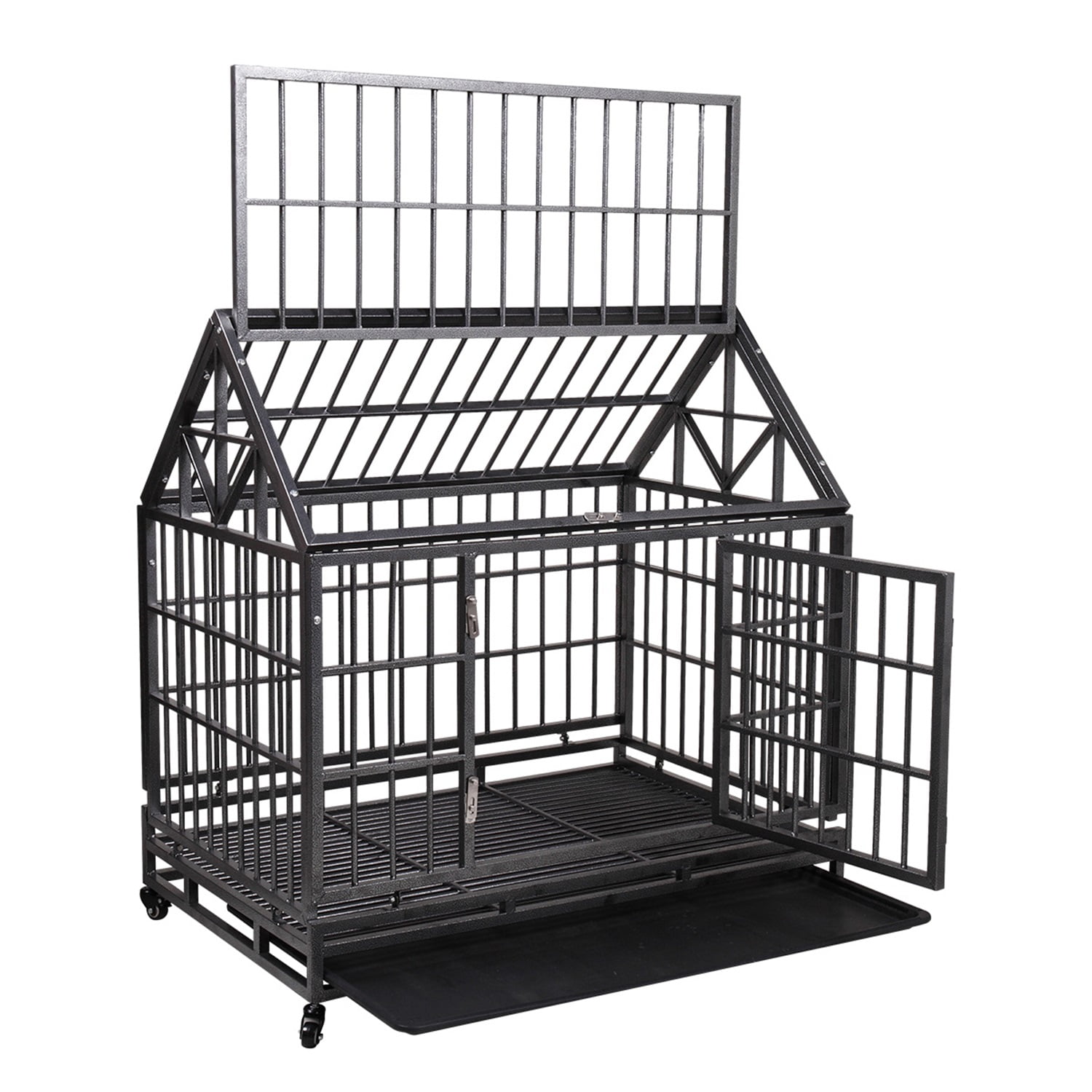 Pefilos 54" Large Dog Cage for Indoor Heavy Duty Metal Dog Crate Kennel with 4 Universal Wheels, Openable Pointed Top and Front Door, Black Pefilos 54" Large Dog Cage for Indoor Heavy Duty Metal Dog Crate Kennel with 4 Universal Wheels, Openable Pointed Top and Front Door, Black