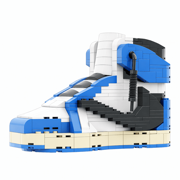Blue & White Street-Style High Sneaker Building Block Display Model – 300-400 Piece Creative Brick Shoe Set – DIY Kit