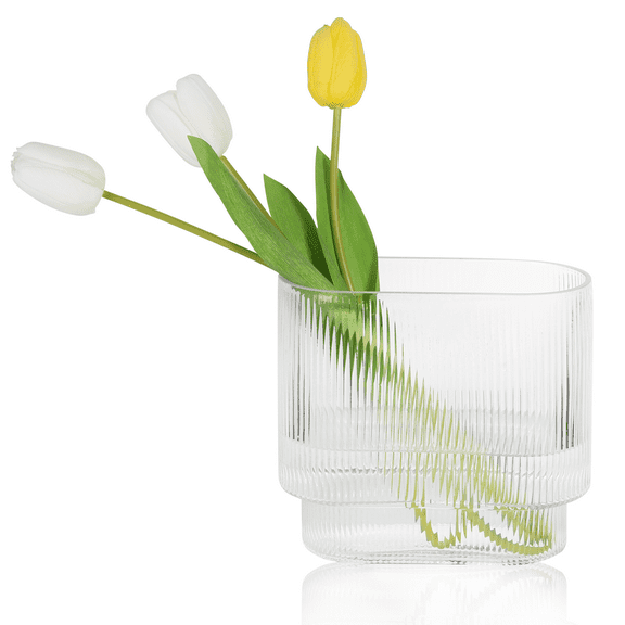PARMPH Glass Flowers Vase, 7.8'' Tall Modern Clear Glass Vase with 3PCS Artificial Tulip Flowers, Transparent Irregular Glass Vase for Centerpieces Home Indoor Dinner Table Office Bedroom, U Shape