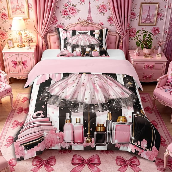 Castle Fairy Glamorous Tulle Dress Twin Comforter Sets 2pcs,Sparkly Bow Handbag Bedding Set,Black White Pink Gold,Pink Reversible,1 Comforter and 1 Pillowcase
