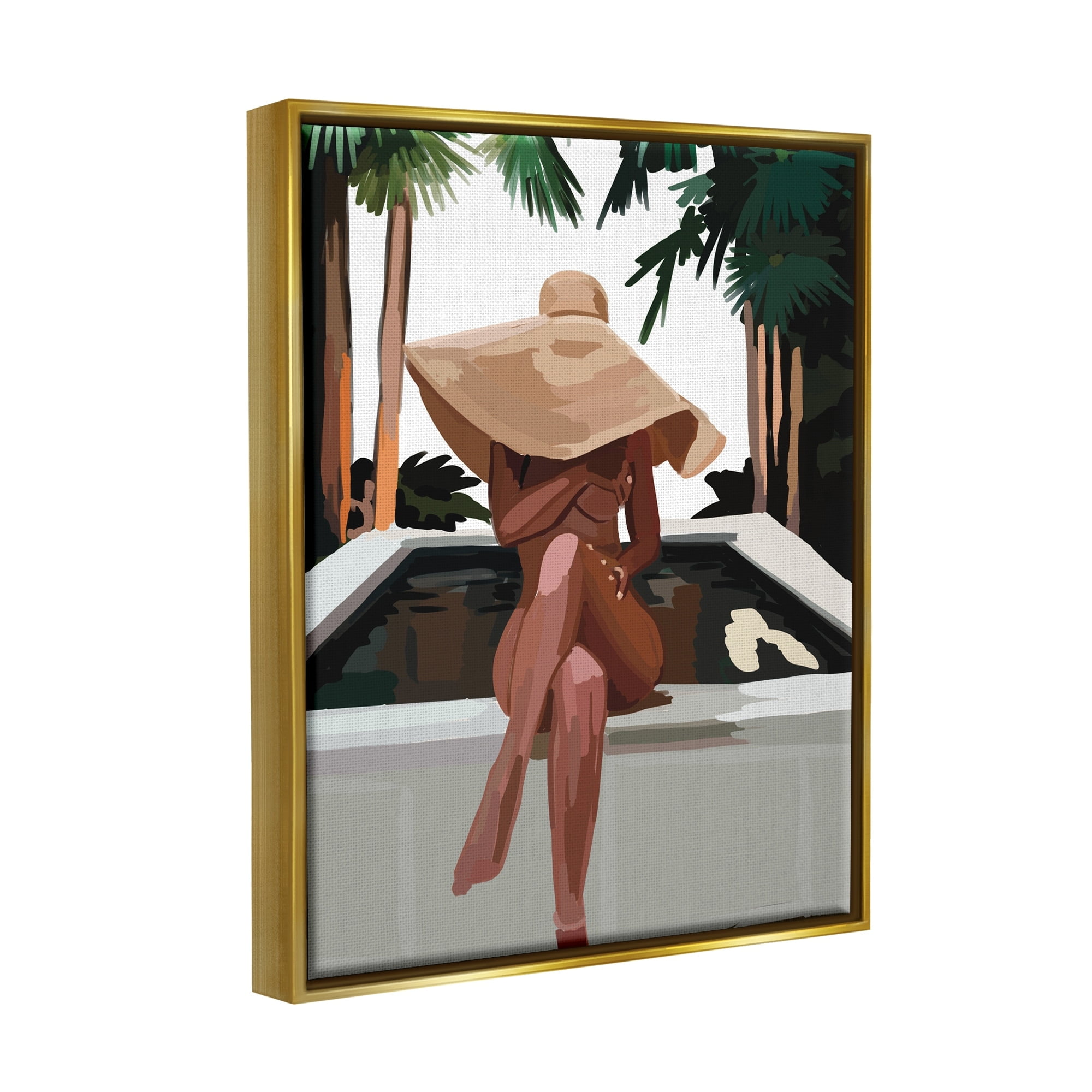 Stupell Industries Trendy Upscale Woman Tropical Summer Hot Tub Graphic Art Metallic Gold Floating Framed Canvas Print Wall Art, Design by Amelia Noyes