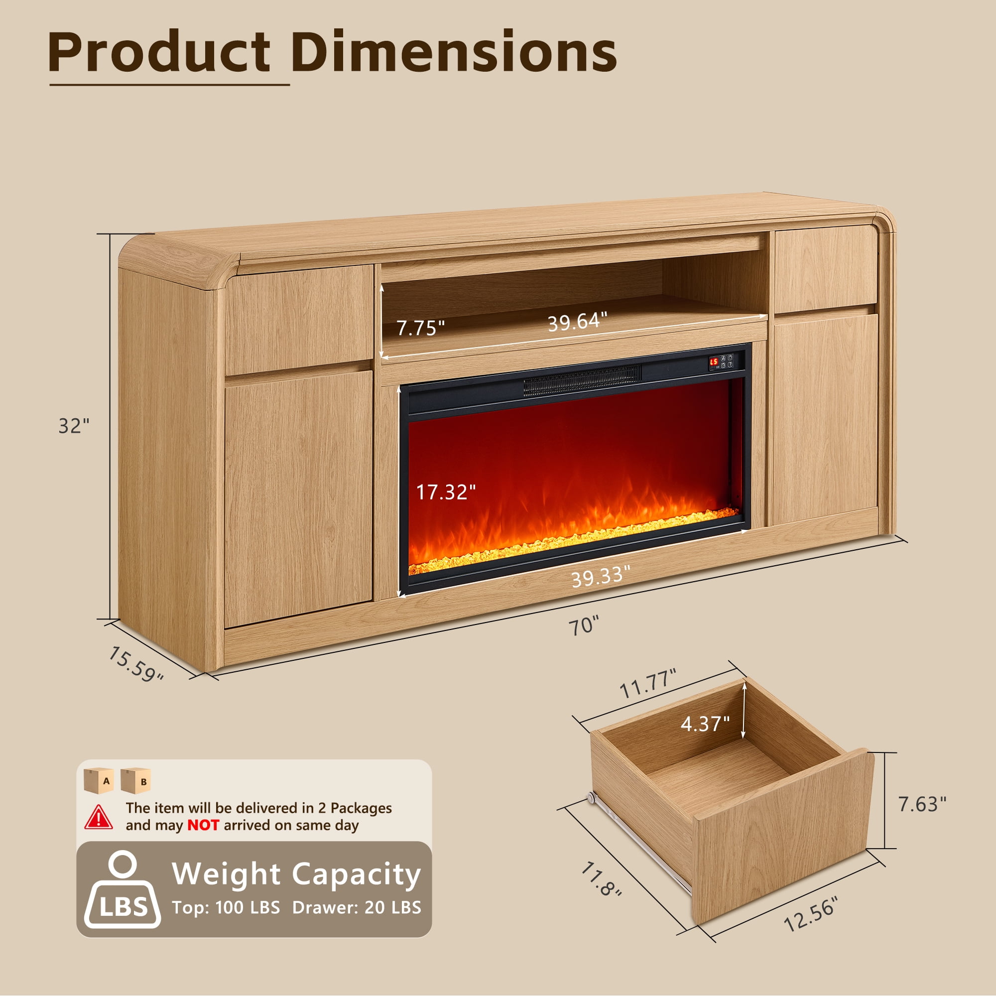 Modern Fireplace TV Stand for 75 inches TV, 36" Electric Fireplace w/ Wood Media Console, 32" Tall Entertainment Center & Adjustable Shelves for Living Room, Curved Profile Design